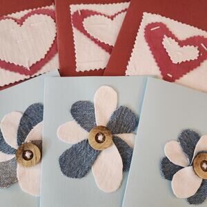 Handmade Blank Greeting Cards Red Hearts Blue Flowers Stitched Fabric QTY 6